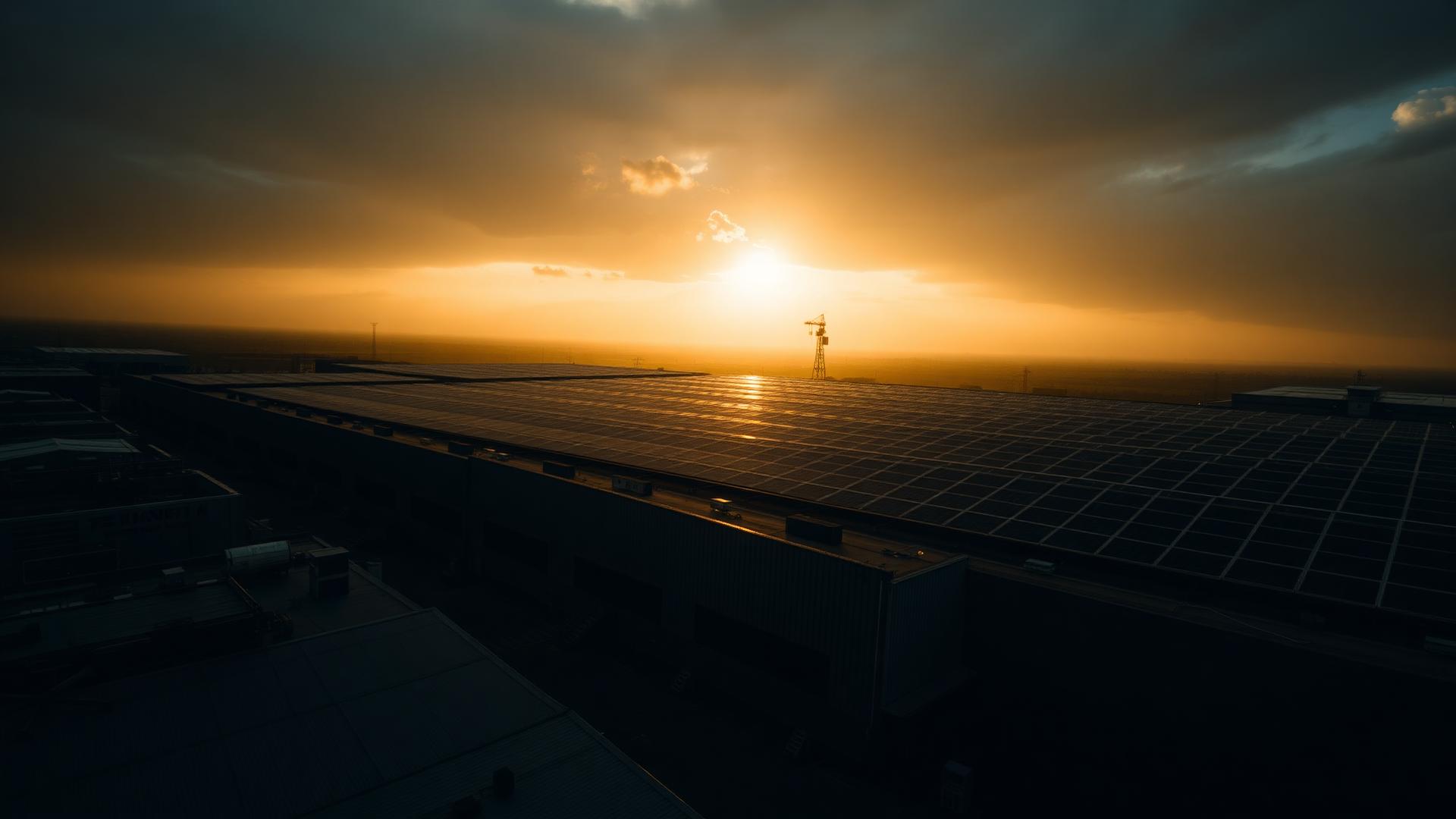 Commercial solar rooftop installation at golden hour