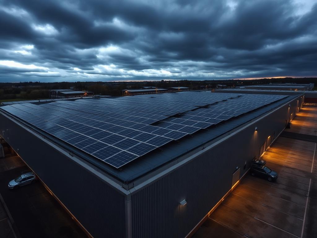 Solar panels installed across a manufacturing plant roof